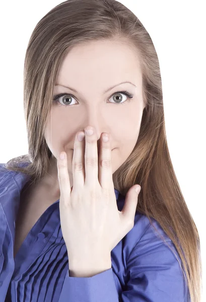 Bright picture of young woman with hands over mouth — Stock Photo, Image