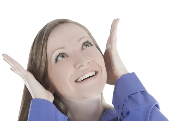 Φωτεινή εικόνα του χαμογελαστό πρόσωπο γυναίκα με το χέρι το hear — Φωτογραφία Αρχείου