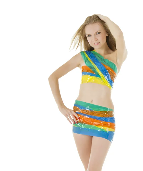 Imagen brillante de mujer sexy descalza en cinta adhesiva de color —  Fotos de Stock