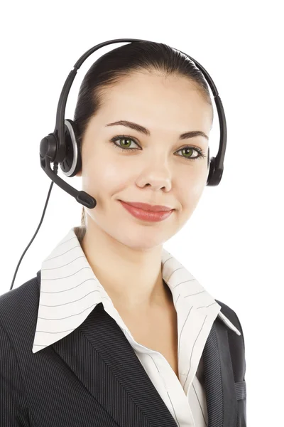 Hermosa mujer operador de servicio al cliente con auriculares — Foto de Stock