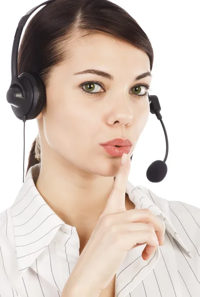Närbild porträtt av vackra call center operatör kvinna med han — Stockfoto