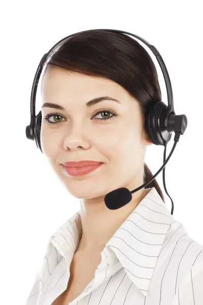 Närbild porträtt av vackra call center operatör kvinna med han — Stockfoto