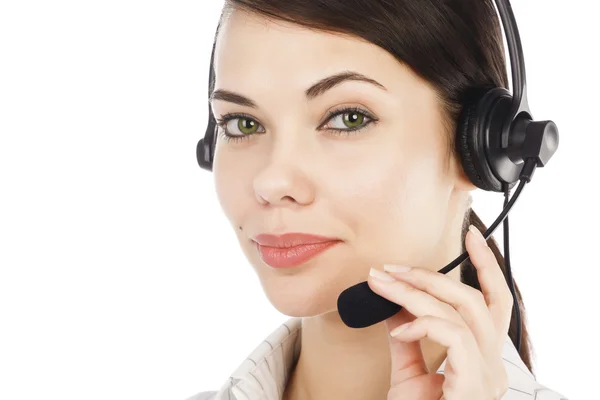 Närbild porträtt av vackra call center operatör kvinna — Stockfoto