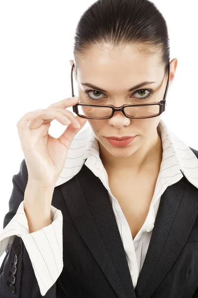 Portrait of young business woman holding her eye-glasses — Stock Photo, Image