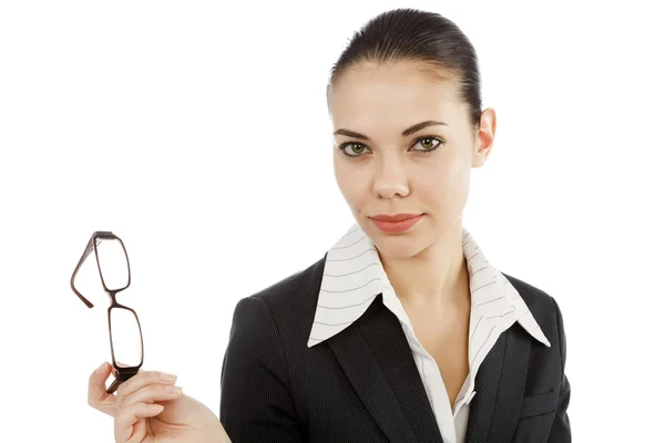 Portret kobiety młody biznes, trzymając jej oczu okulary — Zdjęcie stockowe