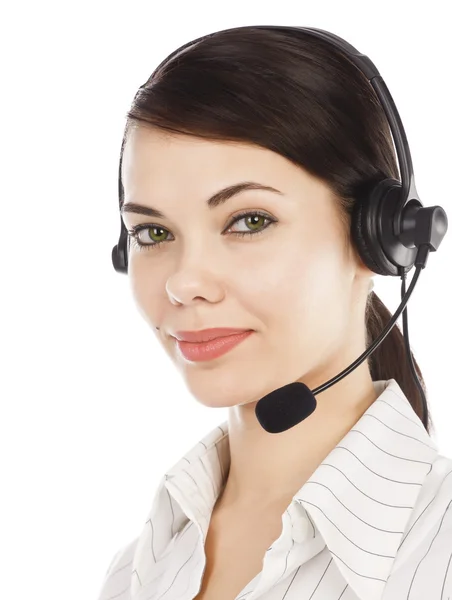 Närbild porträtt av vackra call center operatör kvinna — Stockfoto