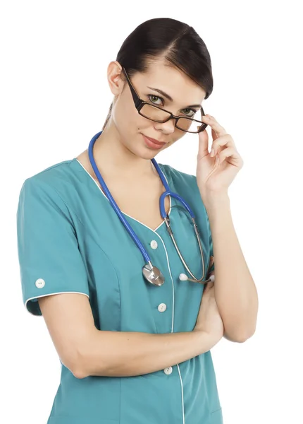 청진 기 및 안경 젊은 의사 여자의 초상화 — 스톡 사진