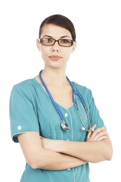 年轻的医生用听诊器和眼镜的女人肖像 — 图库照片
