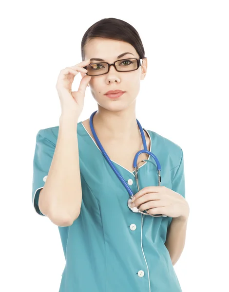 Portré fiatal orvos nő sztetoszkóp, és szemüveg — Stock Fotó