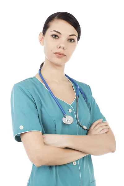 Portret van vrouwelijke arts of verpleegkundige met stethoscoop — Stockfoto