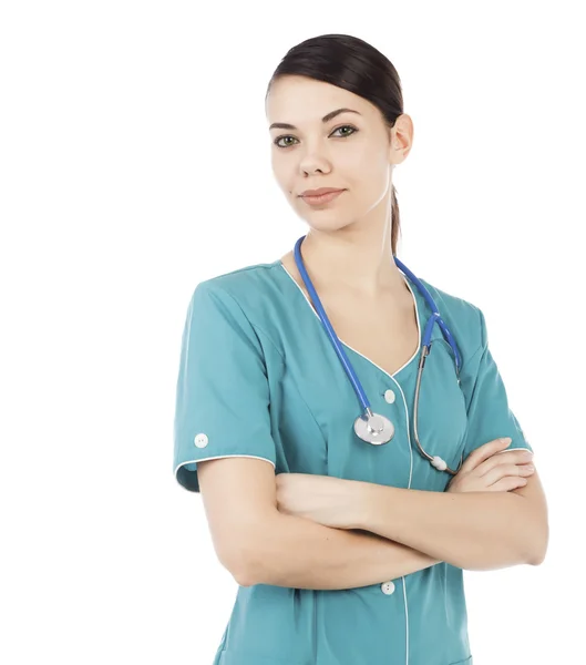 Söt sjuksköterska eller läkare isolerad på vit bakgrund. — Stockfoto