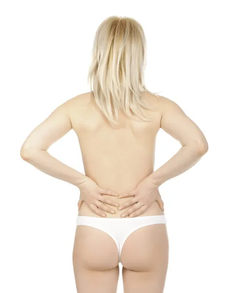 Žena masáži bolest zpět izolovaných na bílém pozadí. — Stock fotografie