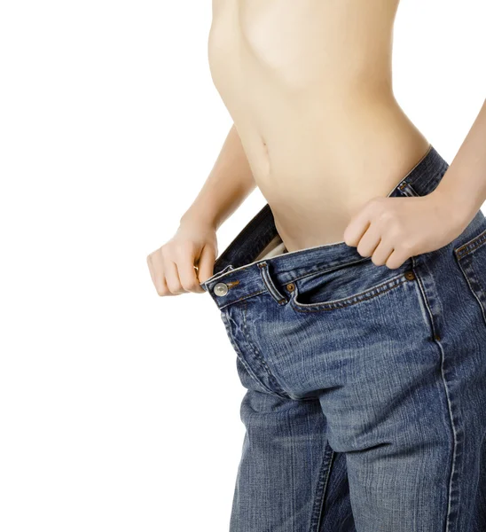 Perda de peso Mulher, isolada sobre fundo branco — Fotografia de Stock