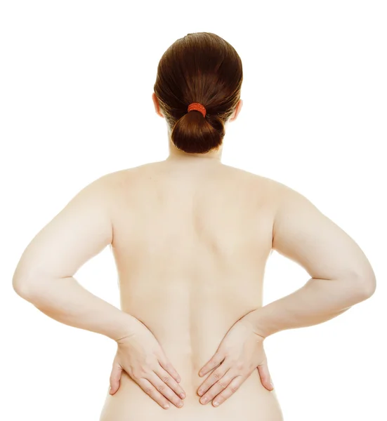 Osteochondrosis - woman massaging pain back — Stock Photo, Image