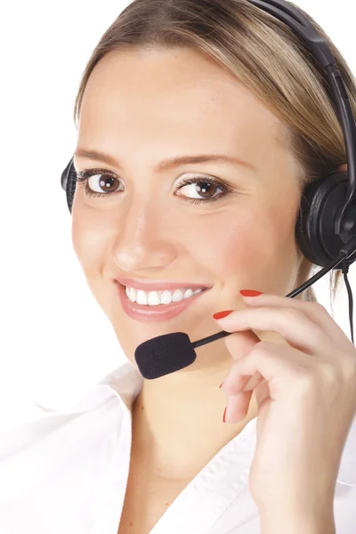 Sorrindo operador de telefone de apoio alegre no fone de ouvido — Fotografia de Stock