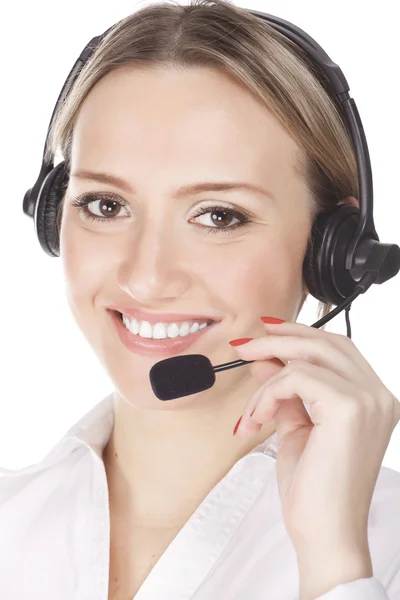 Sorrindo operador de telefone de apoio alegre no fone de ouvido — Fotografia de Stock