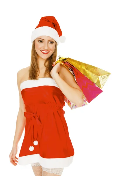 Compras mulher de Natal sorrindo. Isolado sobre fundo branco — Fotografia de Stock
