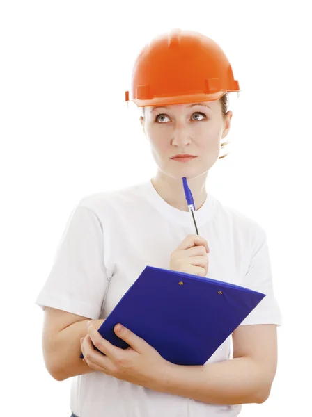 Thoughtful female engineer, isolated on a white background — Stock Photo, Image