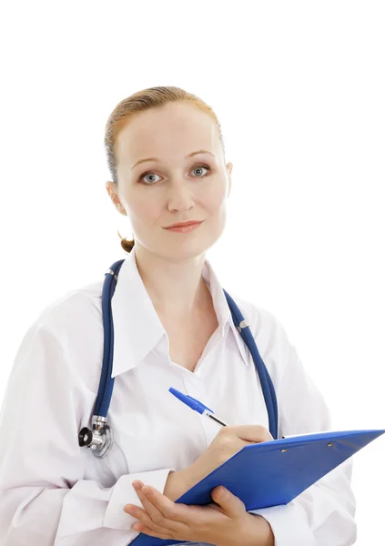 Dost tıp doktoru kadın not alıyorum. beyaz izole — Stok fotoğraf