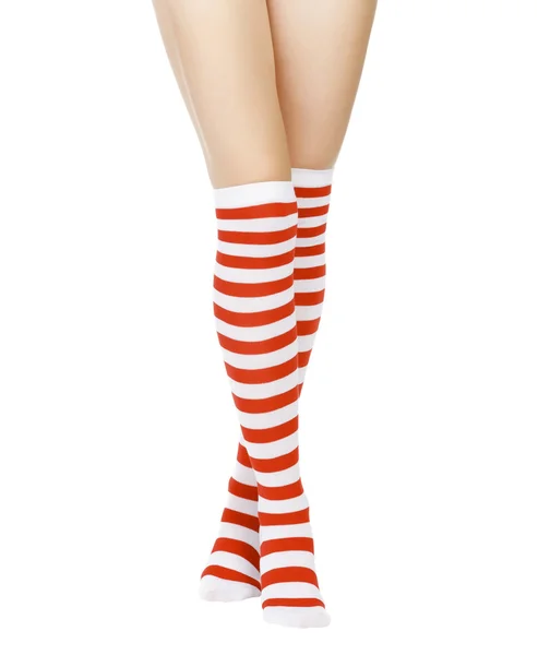 Γυναίκα τα πόδια σε χρώμα κόκκινο κάλτσες που απομονώνονται σε λευκό — Φωτογραφία Αρχείου