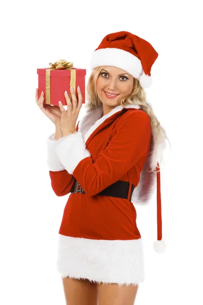 Pretty Santa helper holding present Royalty Free Stock Images