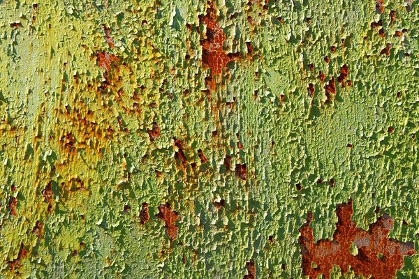 Rusty metal texture with green paint falling apart
