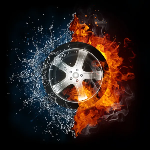 Auto wiel in vlam en water — Stockfoto