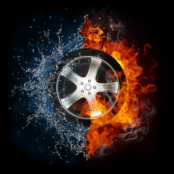 Car Wheel in Flame and Water