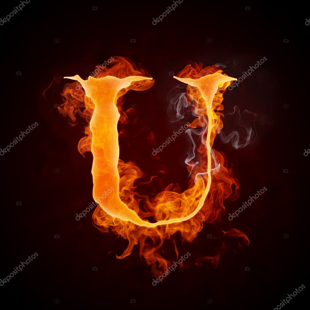 Fire Letter U Isolated on Black Background. Computer Design.
