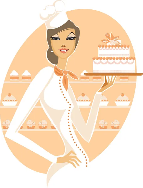 Женщина держит свадебный торт — стоковый вектор