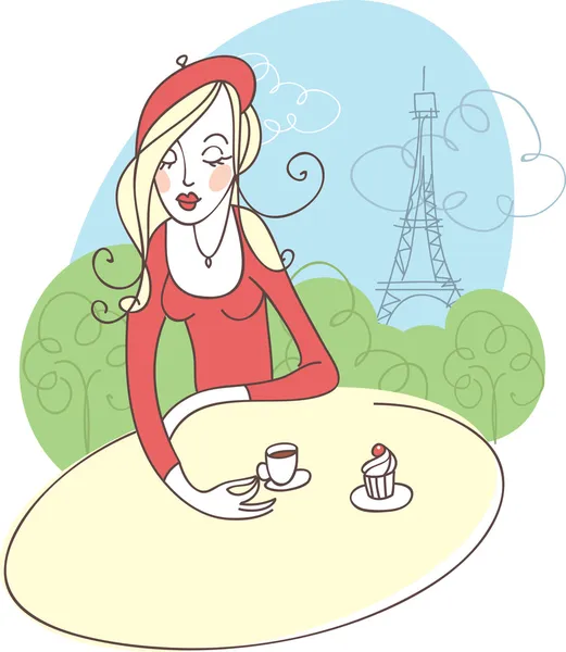 Menina francesa no café —  Vetores de Stock