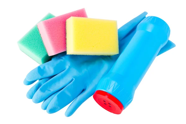 Sada čištění, gumové rukavice, houba, plastová láhev — Stock fotografie