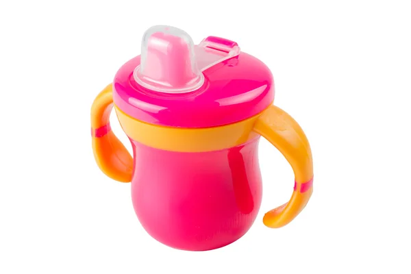 Frasco de bebê roxo, copo com alças, isolado — Fotografia de Stock