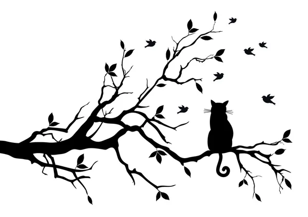 Gato en un árbol con pájaros, vector — Vector de stock