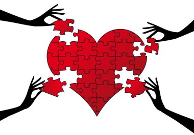 Red puzzle heart with hands, vector clipart