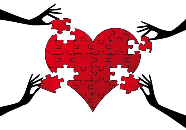 Cuore di puzzle rosso con le mani, vettore — Vettoriale Stock