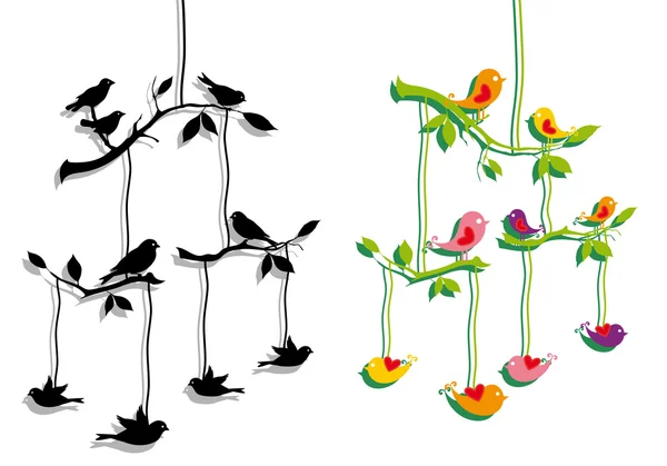 Aves con rama de árbol, vector — Vector de stock
