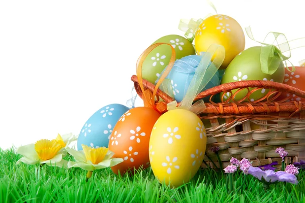 Huevos de Pascua de color con hierba verde en el blanco —  Fotos de Stock