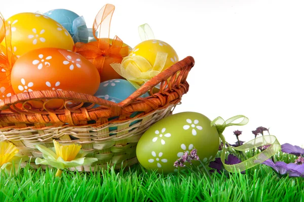 Color easter eggs in basket isolated on white — Stock Photo, Image