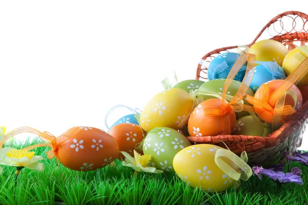 Huevos de Pascua de color en cesta aislada en blanco — Foto de Stock
