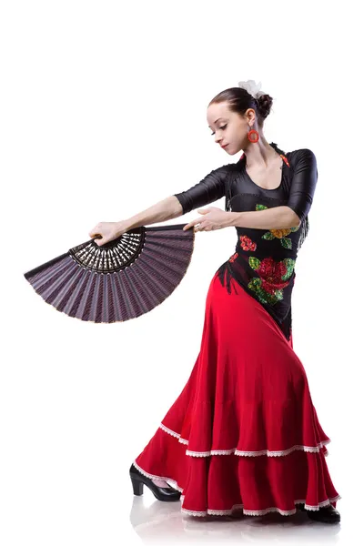 Jovem mulher dançando flameno isolado no branco — Fotografia de Stock