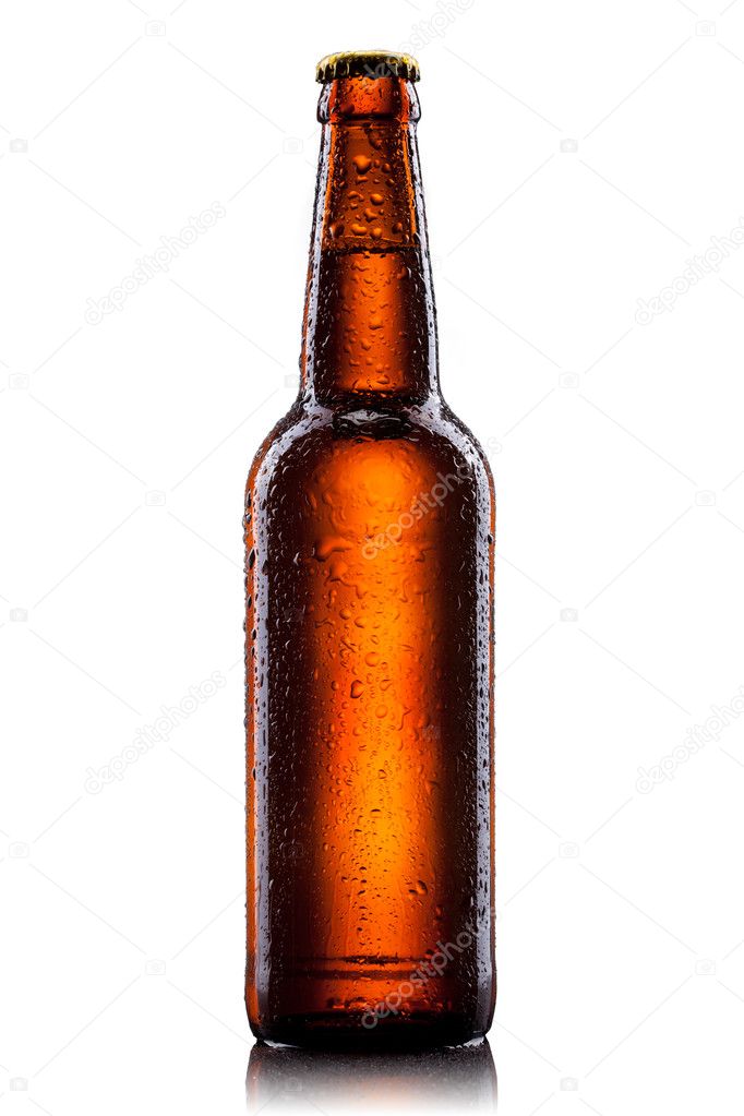 Beer bottle with water drops isolated on white