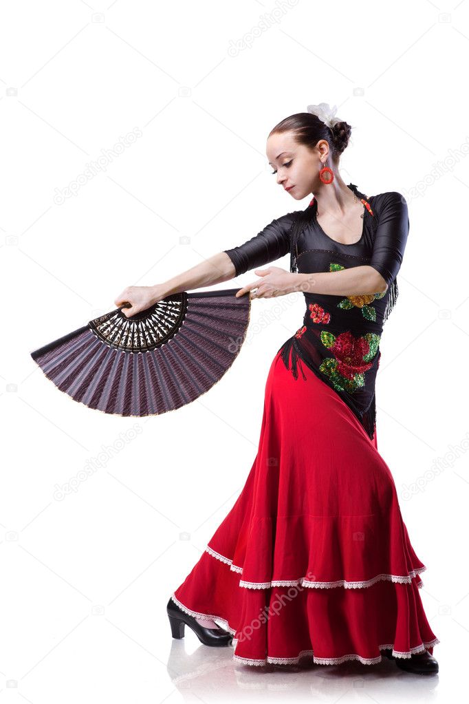 Young woman dancing flameno isolated on white