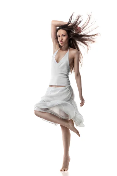 Mulher sexy em vestido branco isolado no branco — Fotografia de Stock