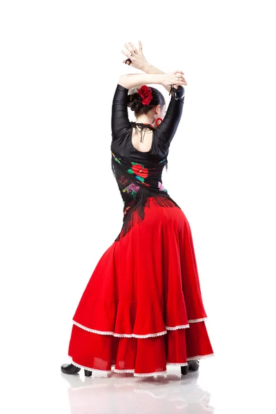 Молода жінка танцює фламенко ззаду ізольовано на білому — стокове фото