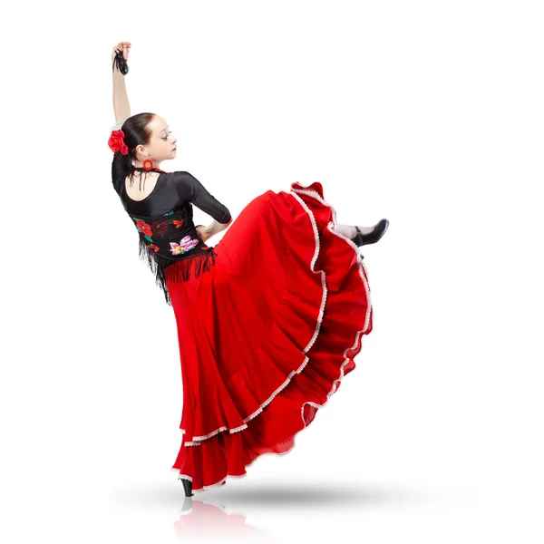 Молодая женщина танцует фламенко со спины изолированы на белом — стоковое фото