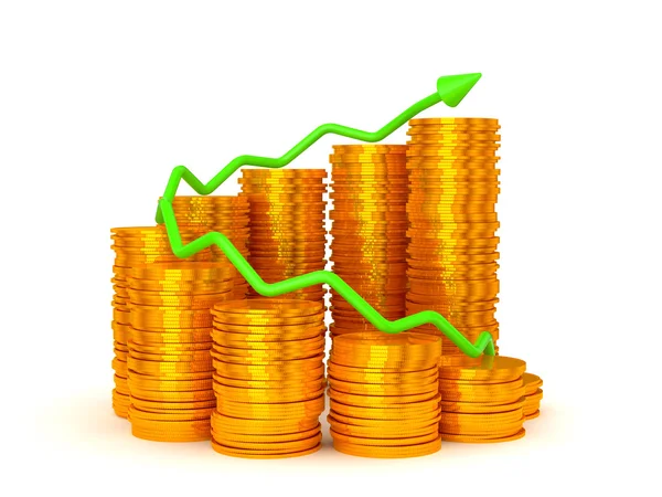Ganancias y éxito: gráfico verde sobre pilas de monedas — Foto de Stock