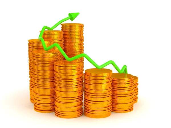 Groei: groene grafiek over gouden munten stapels — Stockfoto
