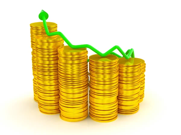 Groei en winst: groene grafiek over gouden munten stapels — Stockfoto
