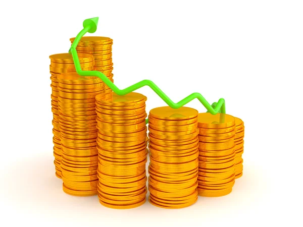 Rijkdom en groei: groene grafiek over gouden munten stapels — Stockfoto